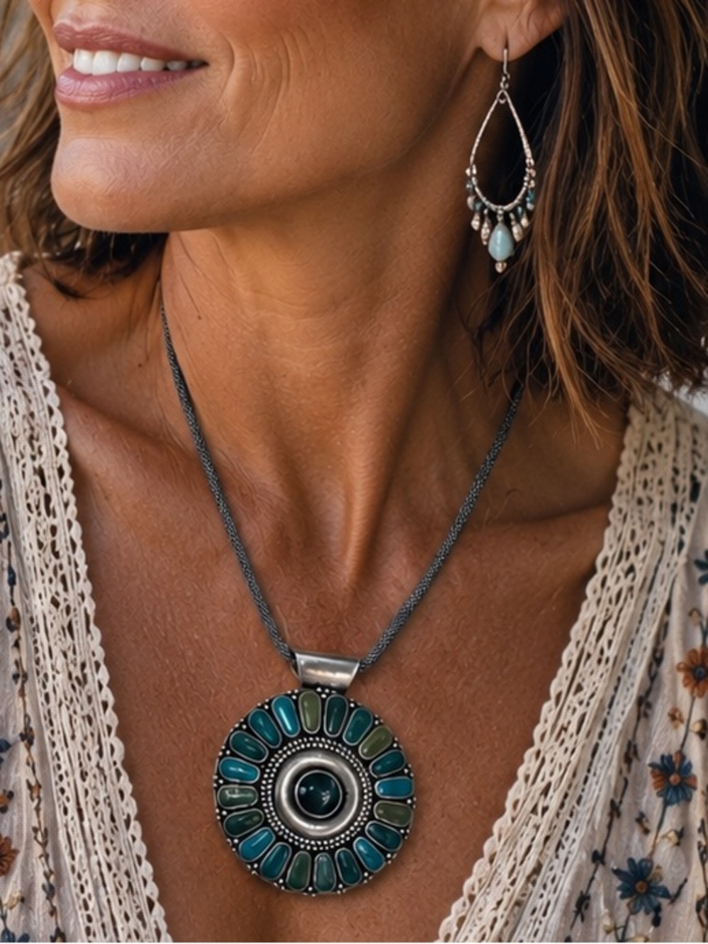 Boho Silver Tone Teal & Green Statement Pendant Necklace (BR1616/2ov)